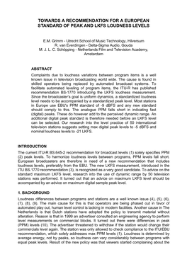 Towards a Recommendation for a European Standard of Peak and Lkfs Loudness Levels