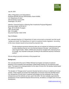 We Understand That the U.S. Department of Labor Announced a Proposed Rule That Would “Update and Clarify” the Department of Labor’S Investment Duties Regulation