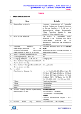 FORM I I. BASIC INFORMATION S. No Item Details 1. Name of the Project