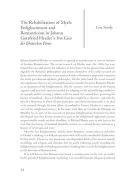 The Rehabilitation of Myth: Enlightenment and Romanticism in Johann Gottfried Herder's Vom Geist Der Ebräischen Poesie