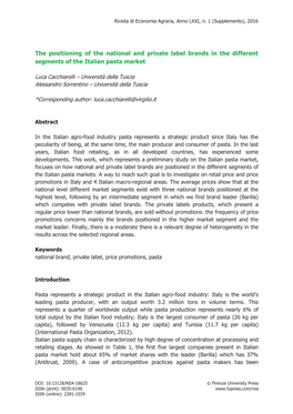 The Positioning of the National and Private Label Brands in the Different Segments of the Italian Pasta Market