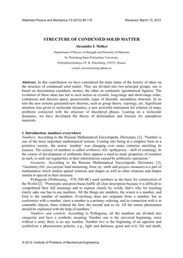 STRUCTURE of CONDENSED SOLID MATTER Alexander I