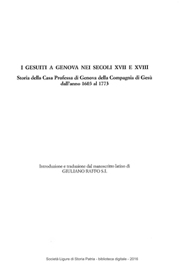 I GESUITI a GENOVA NEI SECOLI XVII E XVIII Storia Della Casa