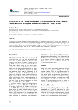 First Record of the Chinese Mitten Crab, Eriocheir Sinensis H. Milne Edwards, 1853 (Crustacea: Brachyura: Varunidae) from Lake Ladoga, Russia