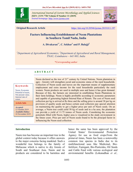 Factors Influencing Establishment of Neem Plantations in Southern Tamil Nadu, India