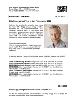 PRESSEMITTEILUNG 05.02.2021 Billy Bragg Verlegt Tour in Den