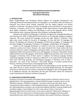 STATE of LINGUISTIC RESEARCH in (SOUTH) SUMATERA Budi Agung Sudarmanto Balai Bahasa Palembang