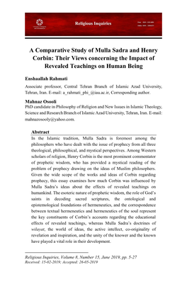 A Comparative Study of Mulla Sadra and Henry Corbin: Their Views Concerning the Impact of Revealed Teachings on Human Being