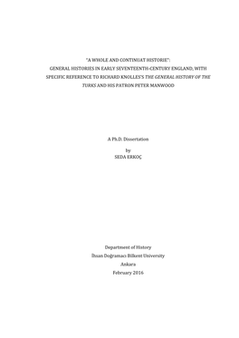 General Histories in Early Seventeenth-Century England, with Specific Reference to Richard Knolles’S the General History of the Turks and His Patron Peter Manwood
