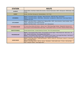 STATION ROUTE Alandur Metro - Butt Road - Madras War Cemetry - Chennai Trade Center - MIOT - Ramapuram - MGR Garden - DLF ALANDUR IT Park
