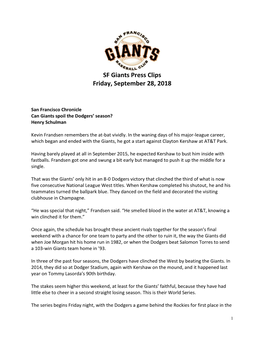 SF Giants Press Clips Friday, September 28, 2018