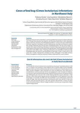 Cases of Bed Bug (Cimex Lectularius) Infestations in Northwest Italy