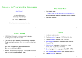 Concepts in Programming Languages Practicalities Main Books