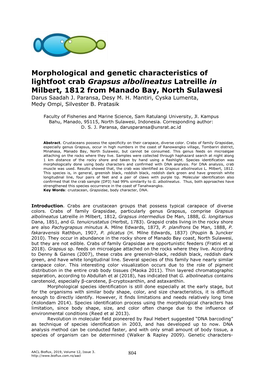 Morphological and Genetic Characteristics of Lightfoot Crab Grapsus Albolineatus Latreille in Milbert, 1812 from Manado Bay, North Sulawesi Darus Saadah J