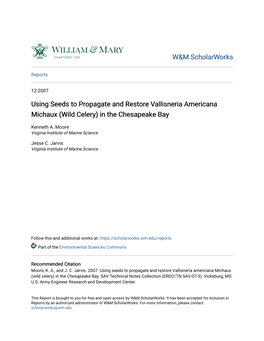 Using Seeds to Propagate and Restore Vallisneria Americana Michaux (Wild Celery) in the Chesapeake Bay