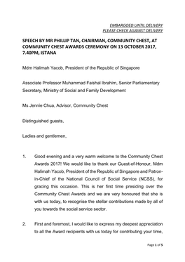 Speech by Mr Phillip Tan, Chairman, Community Chest, at Community Chest Awards Ceremony on 13 October 2017, 7.40Pm, Istana