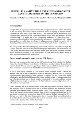 Australian Native Title and Customary/Native Land in Countries of the Usp Region