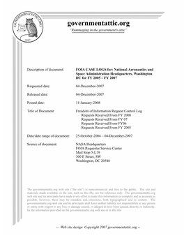 FOIA Logs For: NASA Headquarters for FY 2005