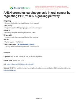 ANLN Promotes Carcinogenesis in Oral Cancer by Regulating PI3K/Mtor Signaling Pathway