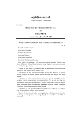 ADDENDUM to the ORDER BOOK No. 1 of PARLIAMENT Issued on Friday, December 07, 2018