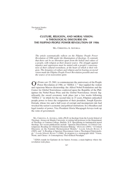 Culture, Religion, and Moral Vision: a Theological Discourse on the Filipino People Power Revolution of 1986