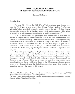 Ireland, Mother Ireland': an Essay in Psychoanalytic Symbolism