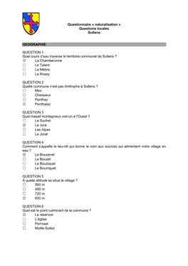 Questionnaire « Naturalisation » Questions Locales Sullens