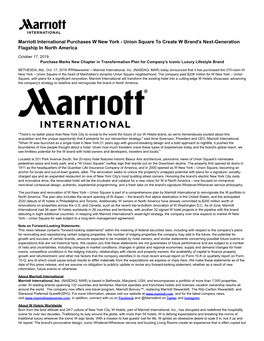 Marriott International Purchases W New York - Union Square to Create W Brand's Next-Generation Flagship in North America