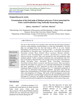 Fermentation of the Fruit Pulp of Dialium Guineense (Velvet Tamarind) for Citric Acid Production Using Naturally Occurring Fungi