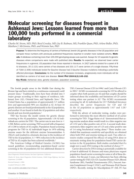 Molecular Screening for Diseases Frequent in Ashkenazi Jews: Lessons Learned from More Than 100,000 Tests Performed in a Commercial Laboratory Charles M