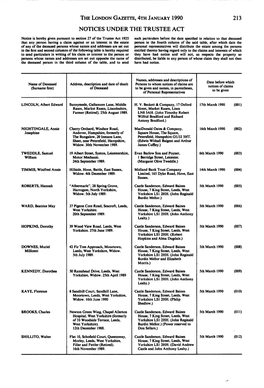 The London Gazette, 4Th January 1990 213 Notices Under the Trustee Act