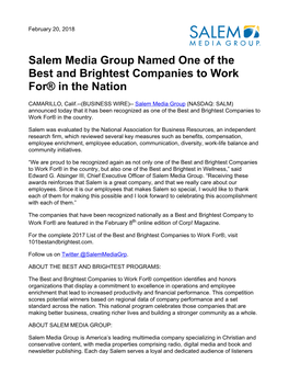 Salem Media Group Named One of the Best and Brightest Companies to Work For® in the Nation