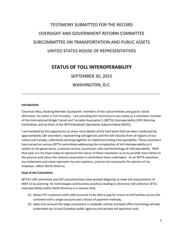 Status of Toll Interoperability September 30, 2015 Washington, D.C
