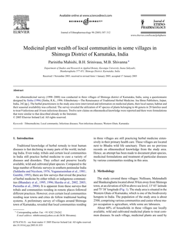 Medicinal Plant Wealth of Local Communities in Some Villages in Shimoga District of Karnataka, India Parinitha Mahishi, B.H