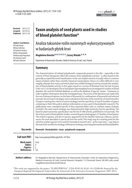 Taxon Analysis of Seed Plants Used in Studies of Blood Platelet Function* Analiza Taksonów Roślin Nasiennych Wykorzystywanych