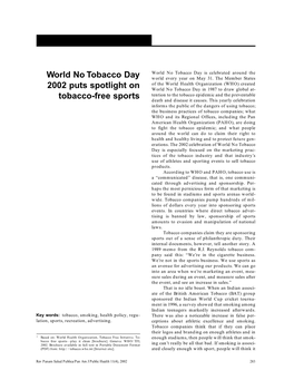 World No Tobacco Day 2002 Puts Spotlight on Tobacco-Free Sports
