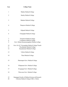 S.No College Name 1 Madras Medical College 2 Stanley Medical College