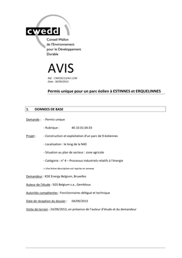 Permis Unique Pour Un Parc Éolien À ESTINNES Et ERQUELINNES