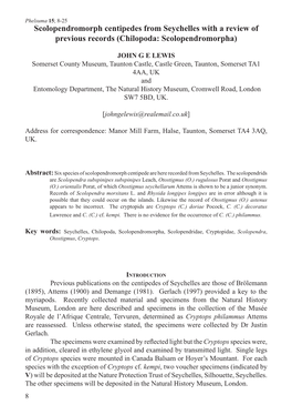 Scolopendromorph Centipedes from Seychelles with a Review of Previous Records (Chilopoda: Scolopendromorpha)