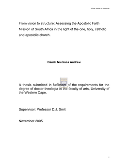 Assessing the Apostolic Faith Mission of South Africa in the Light of the One, Holy, Catholic and Apostolic Church