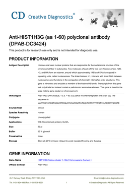 Anti-HIST1H3G (Aa 1-60) Polyclonal Antibody (DPAB-DC3424) This Product Is for Research Use Only and Is Not Intended for Diagnostic Use