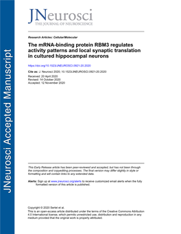 The Mrna-Binding Protein RBM3 Regulates Activity Patterns and Local