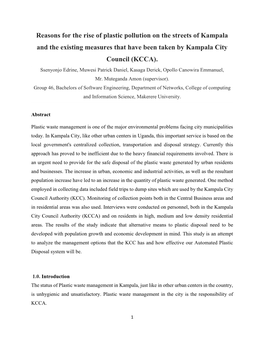 Reasons for the Rise of Plastic Pollution on the Streets of Kampala and the Existing Measures That Have Been Taken by Kampala City Council (KCCA)