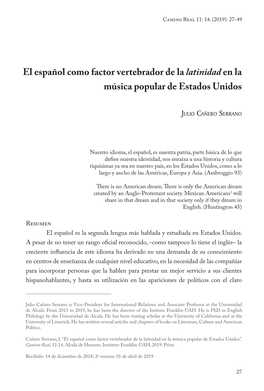 El Español Como Factor Vertebrador De La Latinidad En La Música Popular De Estados Unidos