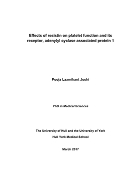 Effects of Resistin on Platelet Function and Its Receptor, Adenylyl Cyclase Associated Protein 1