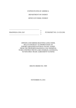 United States of America Department of Energy Office of Fossil Energy ) Magnolia Lng, Ll