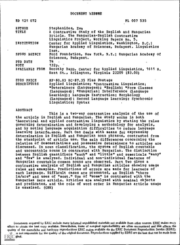 A Contrastive Study of the English and Hungarian Article. the Hungarian-English Contrastive Linguistics Project, Working Papers No