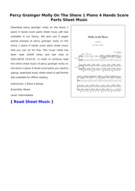 Percy Grainger Molly on the Shore 1 Piano 4 Hands Score Parts Sheet Music