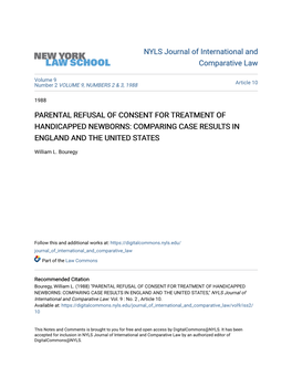 Parental Refusal of Consent for Treatment of Handicapped Newborns: Comparing Case Results in England and the United States