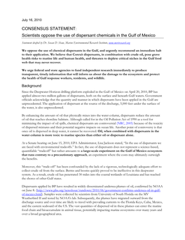 Consensus Statement on Dispersants in the Gulf July 16, 2010